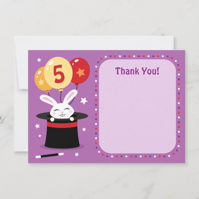 Rabbit in magicians hat birthday party thank you card (Front)
