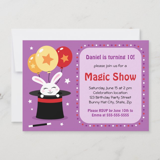 Rabbit in magicians hat magic show birthday party invitation (Front)