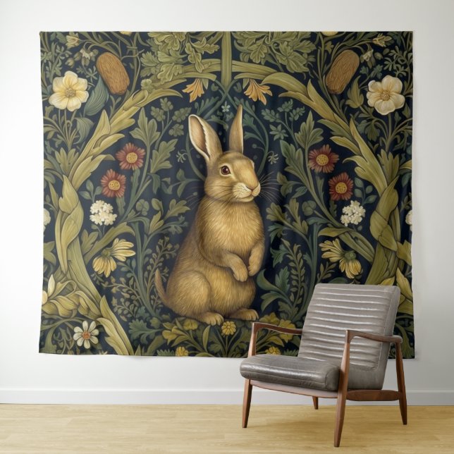 Rabbit in the forest art nouveau style tapestry (In Situ (Horizontal))