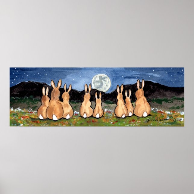 Rabbit in the Moon Bunny Family Moon Poster Navy (Front)