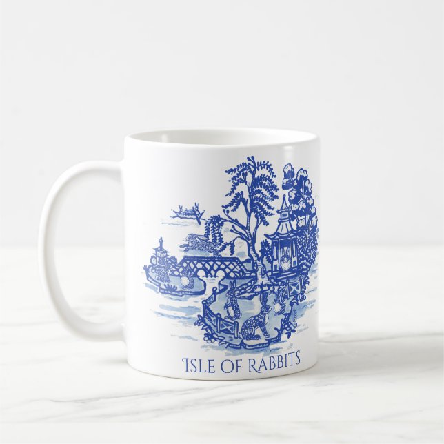 Rabbit Island Blue Willow Whimsical Asian Pattern Coffee Mug (Left)