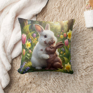Rabbit Licking a Chocolate Easter Bunny Throw Pillow