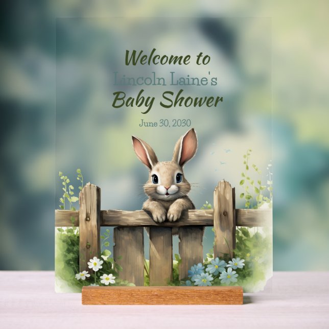 Rabbit Looking Over A Fence Baby Boy Shower Acrylic Sign (Neutral)