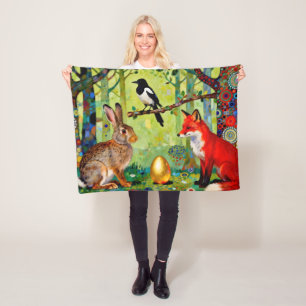 Rabbit, Magpie, Fox and “The Forest’s Secret” Fleece Blanket