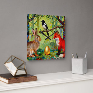 Rabbit, Magpie, Fox and “The Forest’s Secret”  Square Wall Clock