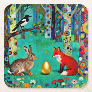 Rabbit, Magpie, Fox and “The Sharing Path” Square Paper Coaster