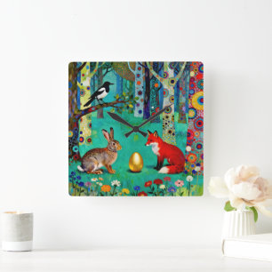 Rabbit, Magpie, Fox and “The Sharing Path” Square Wall Clock