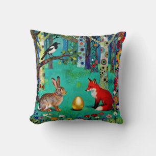 Rabbit, Magpie, Fox and “The Sharing Path” Throw Pillow
