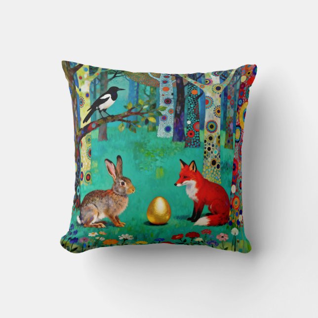 Rabbit, Magpie, Fox and “The Sharing Path” Throw Pillow (Front)