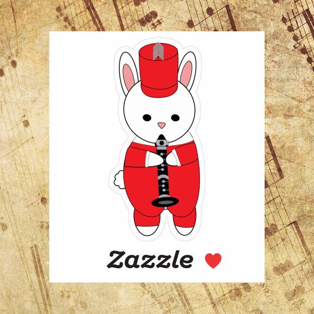 Rabbit Marching Band Clarinet Red White (A die cut sticker of a rabbit playing the clarinet in a red and white marching band uniform.)