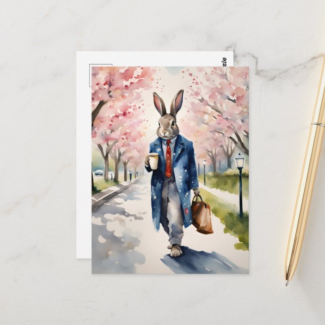 Rabbit Morning Coffee Walk in the Spring City Postcard (Front/Back In Situ)