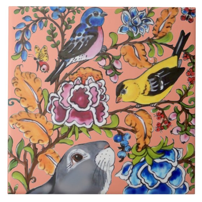 Rabbit Mural Floral Coral Top Half of 2 Pieces  Tile (Front)