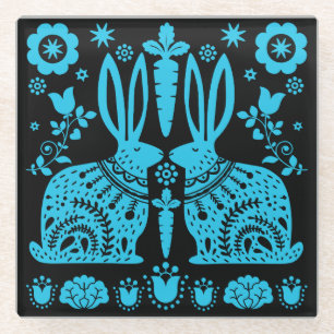Rabbit Nordic Scandinavian Folk Art     Glass Coaster