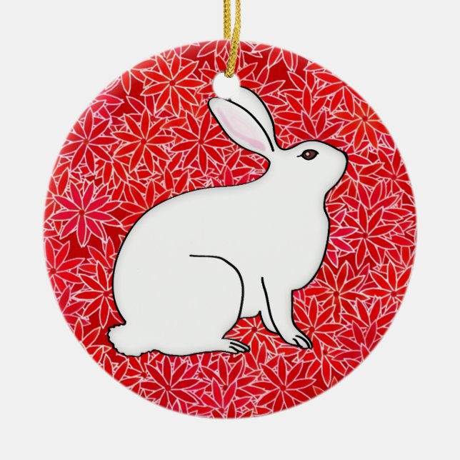 Rabbit on a bed of spring flowers ceramic ornament (Front)