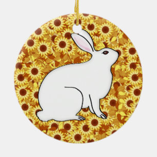 Rabbit on a bed of spring flowers ceramic ornament