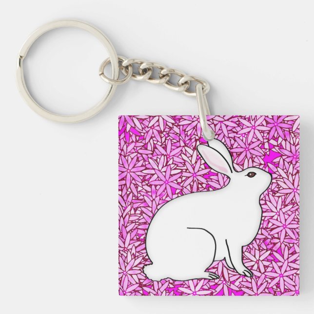 Rabbit on a bed of spring flowers keychain (Front)