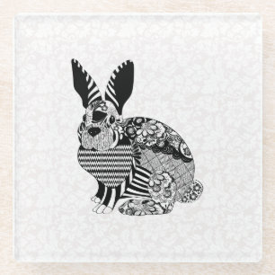 Rabbit On Damask Glass Coaster