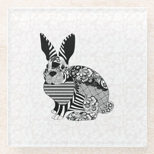 Rabbit On Damask Glass Coaster (Front)