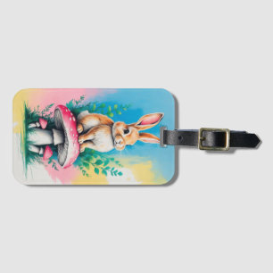 Rabbit on Mushroom Bright Pastel Colours Luggage Tag