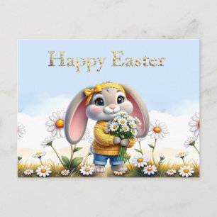 Rabbit pink ears white daisies Happy Easter Holiday Postcard