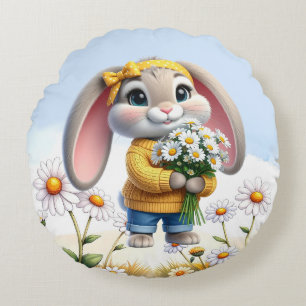 Rabbit pink ears white daisies round pillow