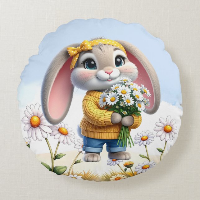 Rabbit pink ears white daisies  round pillow (Front)