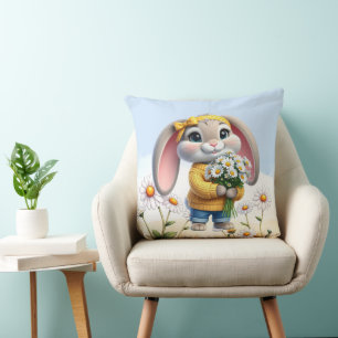 Rabbit pink ears white daisies  throw pillow