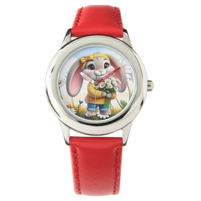 Rabbit pink ears white daisies watch (Front)