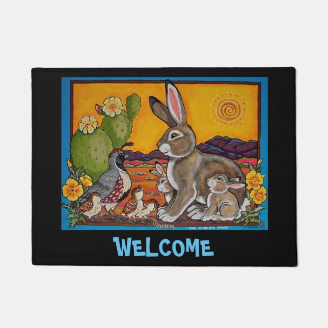 Rabbit Quail Welcome Door Mat Southwestern Cactus (Front)