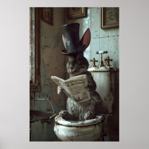 Rabbit reading newspaper on toilet print, hare poster