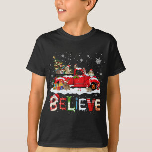 Rabbit Riding Red Truck Christmas Tree Believe San T-Shirt