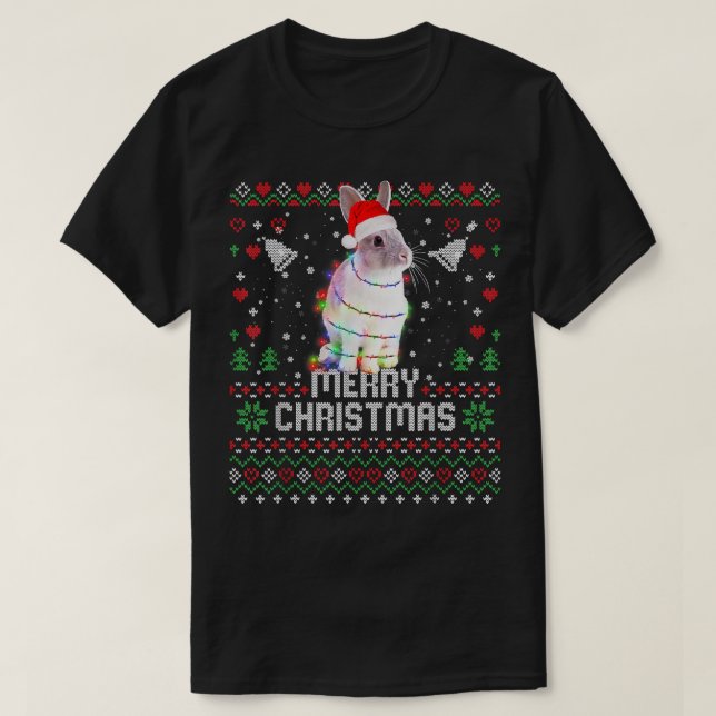Rabbit Santa Hat Animal Christmas Tree Lights Holi T-Shirt (Design Front)