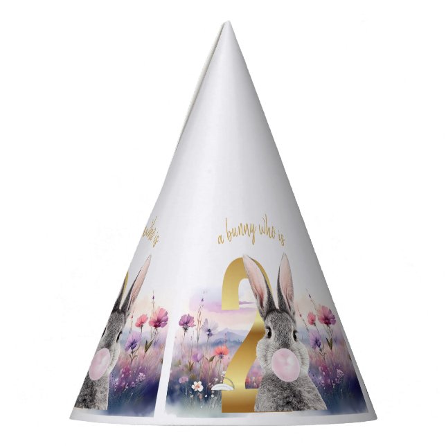 Rabbit Second Birthday blowing pink bubble gum Party Hat (Left)