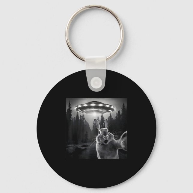 Rabbit Selfie With Ufo - Funny Bunny Graphic Alien Keychain (Front)