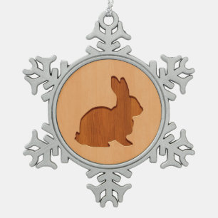 Rabbit silhouette engraved on wood design snowflake pewter christmas ornament