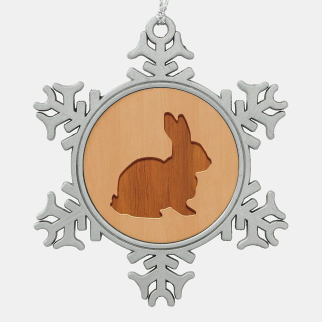 Rabbit silhouette engraved on wood design snowflake pewter christmas ornament (Front)