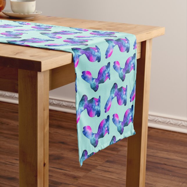 Rabbit Silhouette Pattern, Watercolor Galaxy Short Table Runner (In Situ)