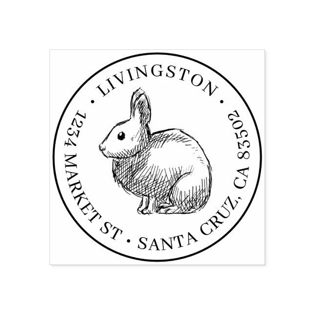 Rabbit Sketch Round Family Name & Return Address Rubber Stamp (Imprint)