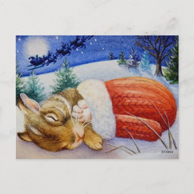 Rabbit Sleeps in Santa's Mitten Watercolor Art Postcard (Front)