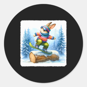Rabbit Snowboarding Over Snowy Log. Snowboard Snow Classic Round Sticker