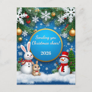 🎄❄️ Rabbit Snowman Winter Holiday Whimsical  Postcard