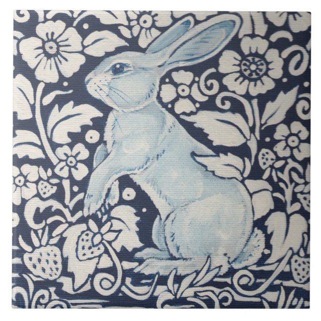 Rabbit, Strawberry in Blue & White Summer Foliage Tile (Front)