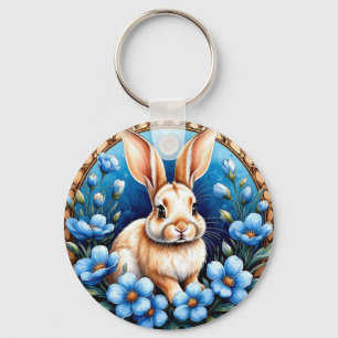 Rabbit Surrounded by Blue Flowers Keychain