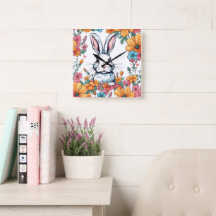 Rabbit surrounded by flowers square wall clock