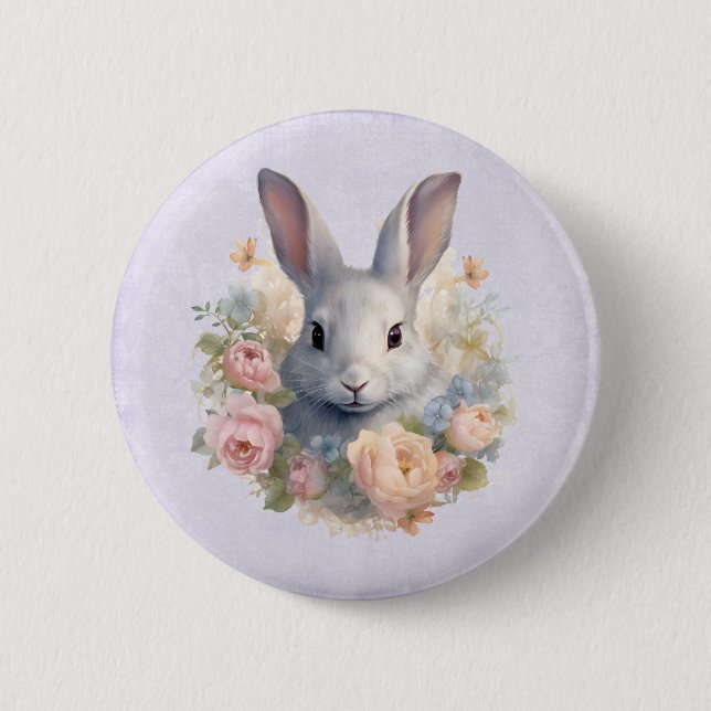 Rabbit Surrounded by Pastel Flowers Cute 2 Inch Round Button (Front)