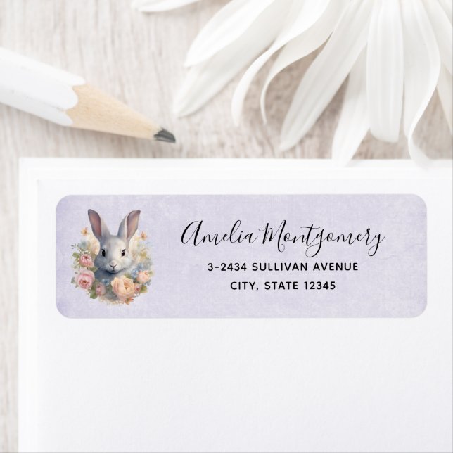 Rabbit Surrounded by Pastel Flowers Cute - Address (Insitu)