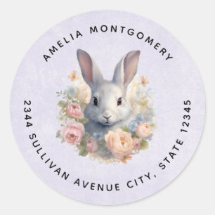 Rabbit Surrounded by Pastel Flowers Cute - Address Classic Round Sticker