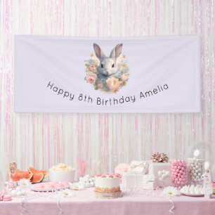 Rabbit Surrounded by Pastel Flowers Cute Birthday Banner