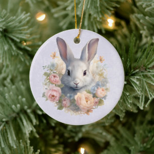 Rabbit Surrounded by Pastel Flowers Cute Ceramic Ornament