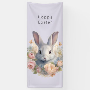 Rabbit Surrounded by Pastel Flowers Cute Easter Banner